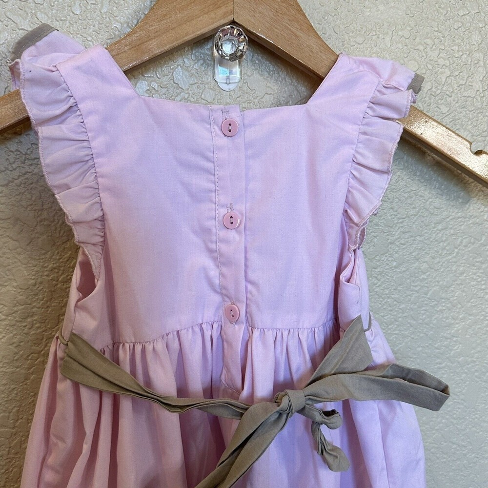 Periwinkle Parasol Pink Brown Dress Smocking Lace‎ Tie Back Crown 3T - Picture 3 of 6